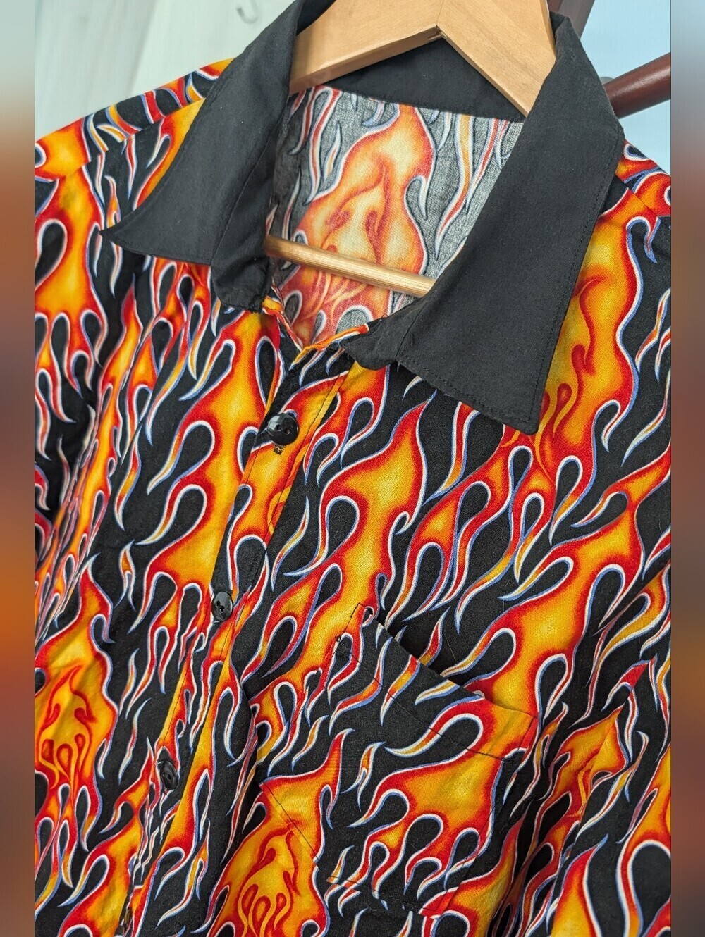 Men's Flame Print Button-Up Shirt Black & Orange Sz L